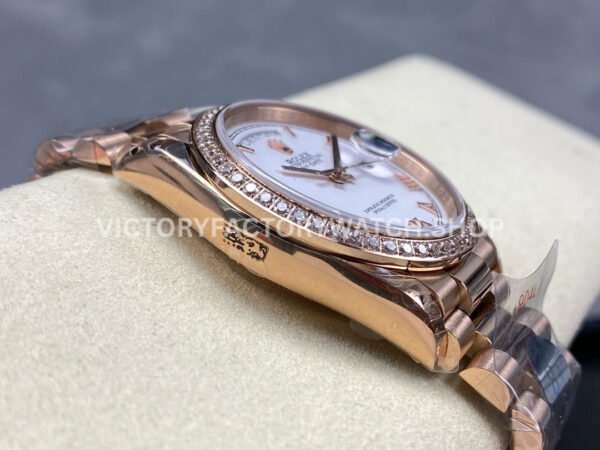 8+ Factory Counterweight Rolex Day-Date 128345RBR-0054 36mm Diamond Bezel Full Rose Gold Roman Numerals White Dial