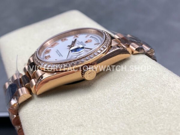 8+ Factory Counterweight Rolex Day-Date 128345RBR-0054 36mm Diamond Bezel Full Rose Gold Roman Numerals White Dial