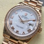8+ Factory Counterweight Rolex Day-Date 128345RBR-0054 36mm Diamond Bezel Full Rose Gold Roman Numerals White Dial