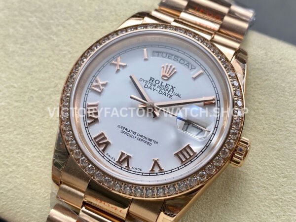 8+ Factory Counterweight Rolex Day-Date 128345RBR-0054 36mm Diamond Bezel Full Rose Gold Roman Numerals White Dial
