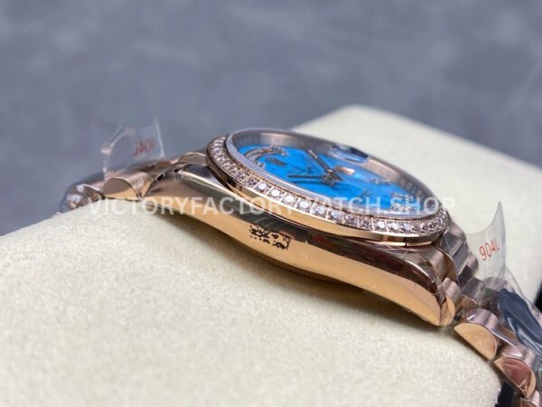 8+ Factory Counterweight Rolex Day-Date 128345RBR-0064 36mm Diamond Bezel Full Rose Gold Roman Numerals Diamond Blue Dial