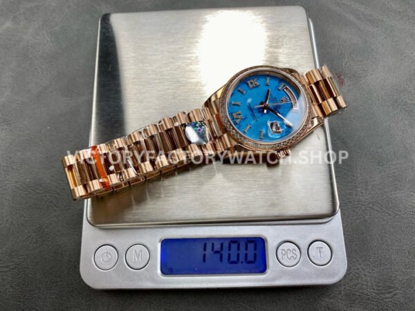 8+ Factory Counterweight Rolex Day-Date 128345RBR-0064 36mm Diamond Bezel Full Rose Gold Roman Numerals Diamond Blue Dial