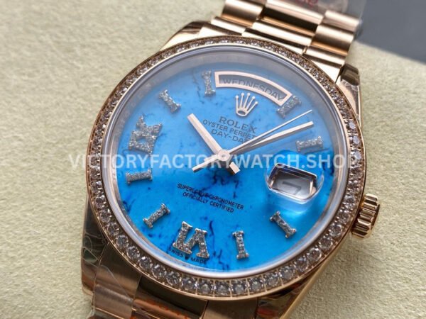 8+ Factory Counterweight Rolex Day-Date 128345RBR-0064 36mm Diamond Bezel Full Rose Gold Roman Numerals Diamond Blue Dial