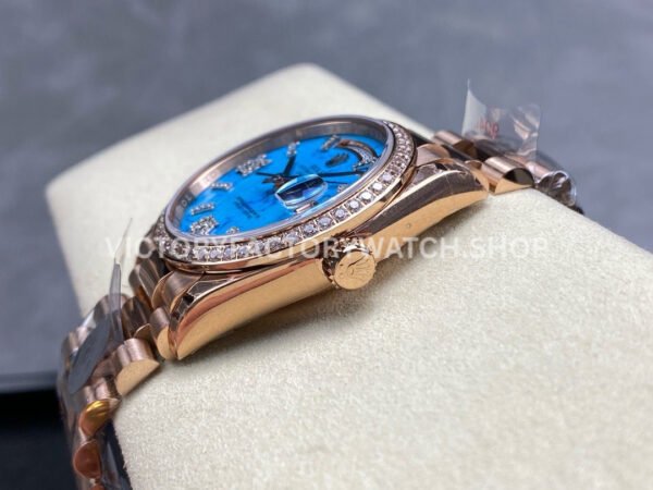 8+ Factory Counterweight Rolex Day-Date 128345RBR-0064 36mm Diamond Bezel Full Rose Gold Roman Numerals Diamond Blue Dial