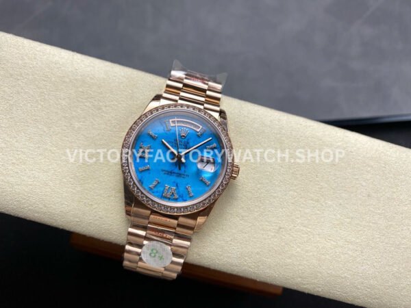 8+ Factory Counterweight Rolex Day-Date 128345RBR-0064 36mm Diamond Bezel Full Rose Gold Roman Numerals Diamond Blue Dial