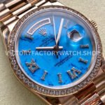 8+ Factory Counterweight Rolex Day-Date 128345RBR-0064 36mm Diamond Bezel Full Rose Gold Roman Numerals Diamond Blue Dial