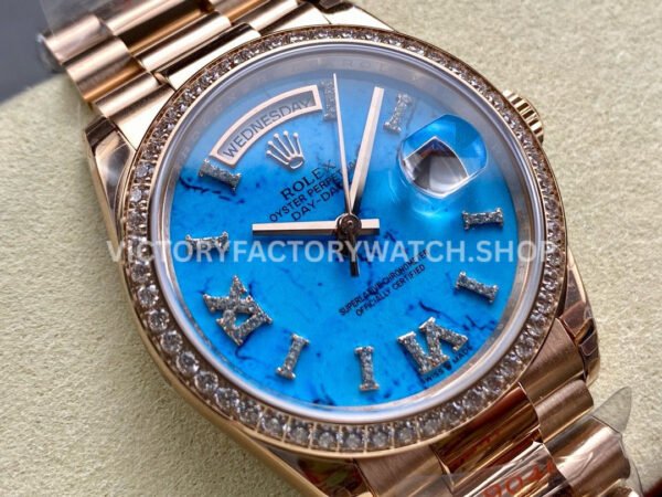 8+ Factory Counterweight Rolex Day-Date 128345RBR-0064 36mm Diamond Bezel Full Rose Gold Roman Numerals Diamond Blue Dial