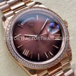 8+ Factory Counterweight Rolex Day-Date 128345RBR-0075 36mm Diamond Bezel Full Rose Gold Roman Numerals Brown Dial