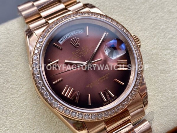 8+ Factory Counterweight Rolex Day-Date 128345RBR-0075 36mm Diamond Bezel Full Rose Gold Roman Numerals Brown Dial