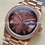 8+ Factory Counterweight Rolex Day-Date 128345RBR-0075 36mm Diamond Bezel Full Rose Gold Roman Numerals Brown Dial