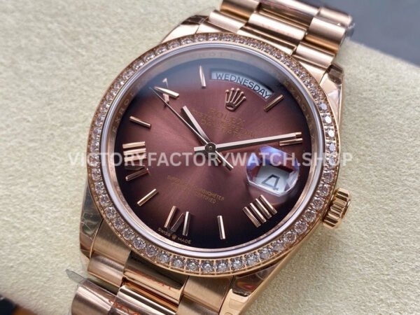8+ Factory Counterweight Rolex Day-Date 128345RBR-0075 36mm Diamond Bezel Full Rose Gold Roman Numerals Brown Dial