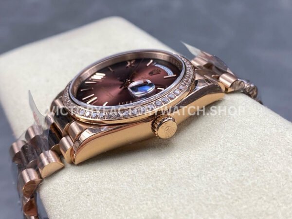 8+ Factory Counterweight Rolex Day-Date 128345RBR-0075 36mm Diamond Bezel Full Rose Gold Roman Numerals Brown Dial