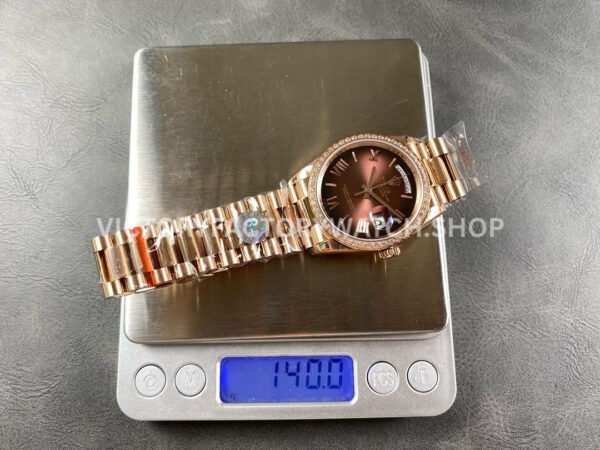 8+ Factory Counterweight Rolex Day-Date 128345RBR-0075 36mm Diamond Bezel Full Rose Gold Roman Numerals Brown Dial