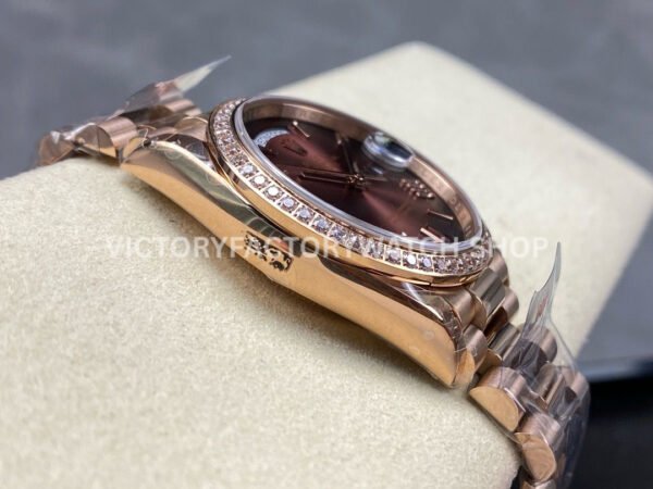 8+ Factory Counterweight Rolex Day-Date 128345RBR-0075 36mm Diamond Bezel Full Rose Gold Roman Numerals Brown Dial
