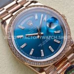 8+ Factory Counterweight Rolex Day-Date 128345RBR-0083 36mm Diamond Bezel Full Rose Gold Baguette Diamond Blue Green Dial
