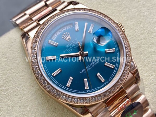 8+ Factory Counterweight Rolex Day-Date 128345RBR-0083 36mm Diamond Bezel Full Rose Gold Baguette Diamond Blue Green Dial