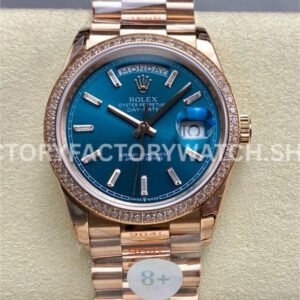 8+ Factory Counterweight Rolex Day-Date 128345RBR-0083 36mm Diamond Bezel Full Rose Gold Baguette Diamond Blue Green Dial