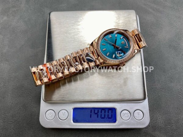 8+ Factory Counterweight Rolex Day-Date 128345RBR-0083 36mm Diamond Bezel Full Rose Gold Baguette Diamond Blue Green Dial