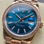8+ Factory Counterweight Rolex Day-Date 128345RBR-0083 36mm Diamond Bezel Full Rose Gold Baguette Diamond Blue Green Dial
