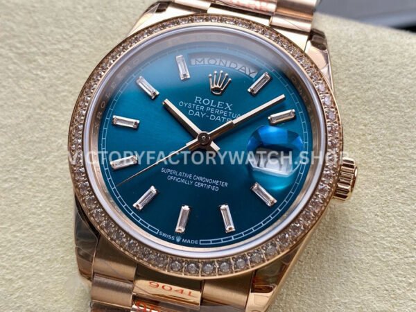8+ Factory Counterweight Rolex Day-Date 128345RBR-0083 36mm Diamond Bezel Full Rose Gold Baguette Diamond Blue Green Dial