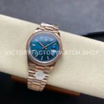 8+ Factory Counterweight Rolex Day-Date 128345RBR-0083 36mm Diamond Bezel Full Rose Gold Baguette Diamond Blue Green Dial