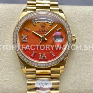 8+ Factory Counterweight Rolex Day-Date 128348RBR-0049 36mm Diamond Yellow Gold Bezel Full Yellow Gold Diamond&Roman Numerals Orange Gradient Dial