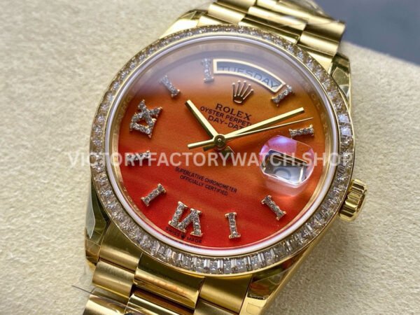 8+ Factory Counterweight Rolex Day-Date 128348RBR-0049 36mm Diamond Yellow Gold Bezel Full Yellow Gold Diamond&Roman Numerals Orange Gradient Dial