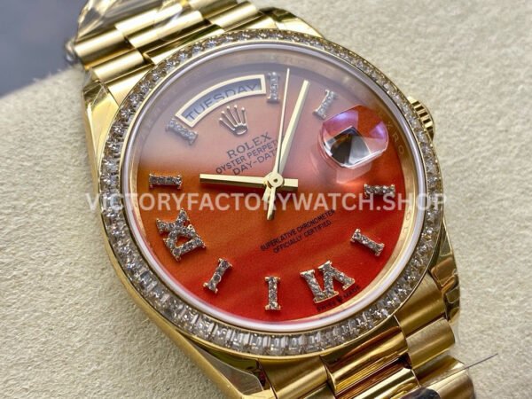 8+ Factory Counterweight Rolex Day-Date 128348RBR-0049 36mm Diamond Yellow Gold Bezel Full Yellow Gold Diamond&Roman Numerals Orange Gradient Dial