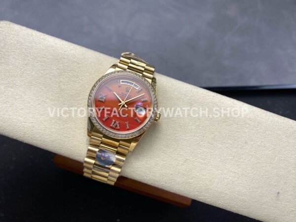 8+ Factory Counterweight Rolex Day-Date 128348RBR-0049 36mm Diamond Yellow Gold Bezel Full Yellow Gold Diamond&Roman Numerals Orange Gradient Dial
