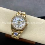 8+ Factory Counterweight Rolex Day-Date 128348RBR-0017 36mm Diamond Bezel Full Yellow Gold Diamond Mope Baguette Diamond Mother Of Pearl Dial
