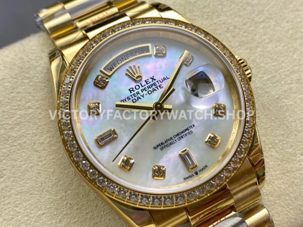8+ Factory Counterweight Rolex Day-Date 128348RBR-0017 36mm Diamond Bezel Full Yellow Gold Diamond Mope Baguette Diamond Mother Of Pearl Dial