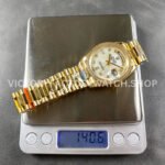 8+ Factory Counterweight Rolex Day-Date 128348RBR-0017 36mm Diamond Bezel Full Yellow Gold Diamond Mope Baguette Diamond Mother Of Pearl Dial