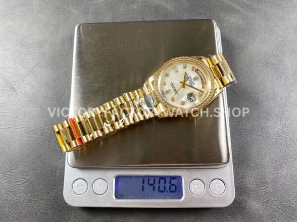 8+ Factory Counterweight Rolex Day-Date 128348RBR-0017 36mm Diamond Bezel Full Yellow Gold Diamond Mope Baguette Diamond Mother Of Pearl Dial