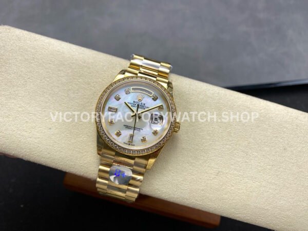 8+ Factory Counterweight Rolex Day-Date 128348RBR-0017 36mm Diamond Bezel Full Yellow Gold Diamond Mope Baguette Diamond Mother Of Pearl Dial