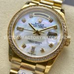 8+ Factory Counterweight Rolex Day-Date 128348RBR-0017 36mm Diamond Bezel Full Yellow Gold Diamond Mope Baguette Diamond Mother Of Pearl Dial