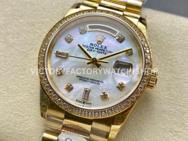 8+ Factory Counterweight Rolex Day-Date 128348RBR-0017 36mm Diamond Bezel Full Yellow Gold Diamond Mope Baguette Diamond Mother Of Pearl Dial