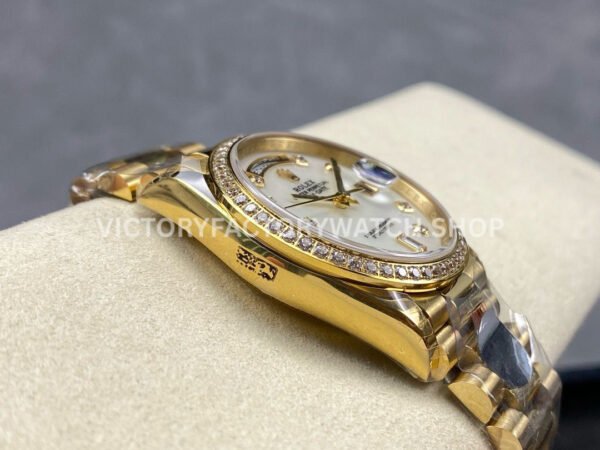 8+ Factory Counterweight Rolex Day-Date 128348RBR-0017 36mm Diamond Bezel Full Yellow Gold Diamond Mope Baguette Diamond Mother Of Pearl Dial