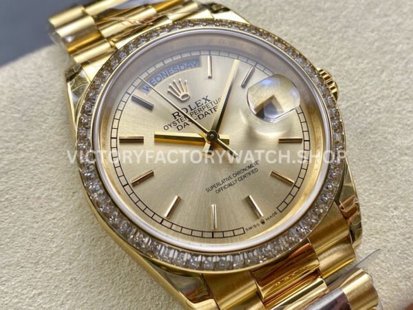 8+ Factory Counterweight Rolex Day-Date 128348RBR-0026 36mm Diamond Bezel Full Yellow Gold Champagne Dial