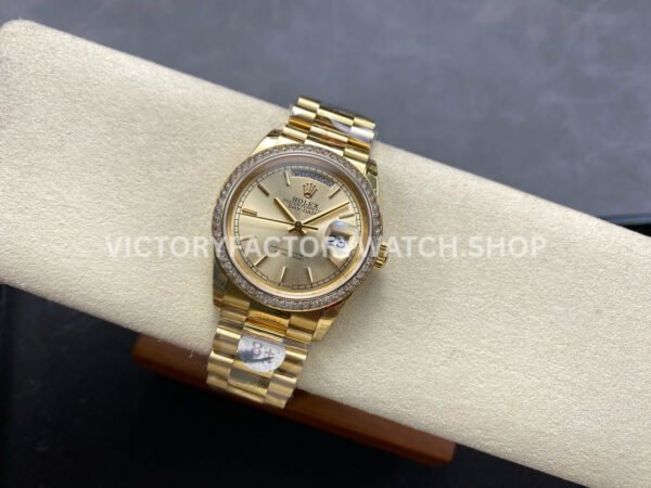 8+ Factory Counterweight Rolex Day-Date 128348RBR-0026 36mm Diamond Bezel Full Yellow Gold Champagne Dial