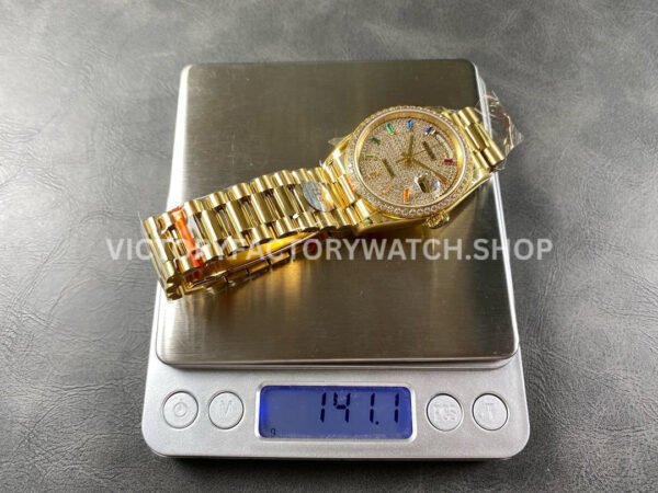 8+ Factory Counterweight Rolex Day-Date 128348RBR-0030 36mm Diamond Yellow Gold Bezel Full Yellow Gold Baguette Diamond Yellow Gold Dial
