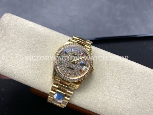 8+ Factory Counterweight Rolex Day-Date 128348RBR-0030 36mm Diamond Yellow Gold Bezel Full Yellow Gold Baguette Diamond Yellow Gold Dial