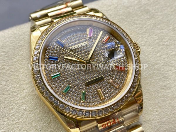 8+ Factory Counterweight Rolex Day-Date 128348RBR-0030 36mm Diamond Yellow Gold Bezel Full Yellow Gold Baguette Diamond Yellow Gold Dial