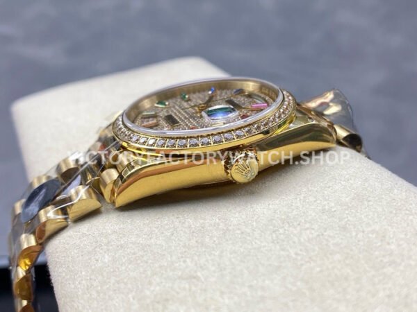 8+ Factory Counterweight Rolex Day-Date 128348RBR-0030 36mm Diamond Yellow Gold Bezel Full Yellow Gold Baguette Diamond Yellow Gold Dial