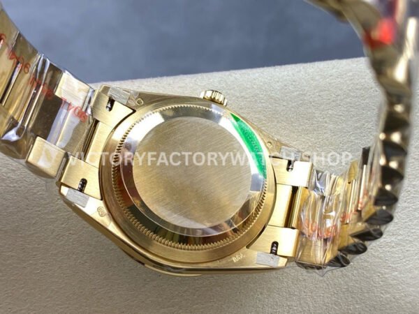 8+ Factory Counterweight Rolex Day-Date 128348RBR-0035 36mm Diamond Bezel Full Yellow Gold Diamond Mope Baguette Diamond Green Dial