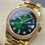 8+ Factory Counterweight Rolex Day-Date 128348RBR-0035 36mm Diamond Bezel Full Yellow Gold Diamond Mope Baguette Diamond Green Dial