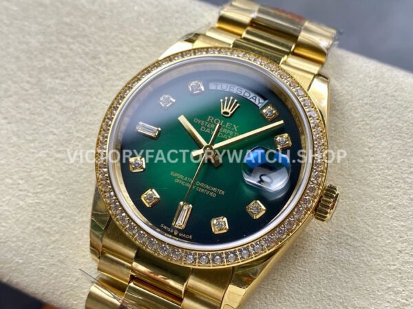 8+ Factory Counterweight Rolex Day-Date 128348RBR-0035 36mm Diamond Bezel Full Yellow Gold Diamond Mope Baguette Diamond Green Dial