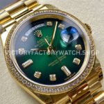 8+ Factory Counterweight Rolex Day-Date 128348RBR-0035 36mm Diamond Bezel Full Yellow Gold Diamond Mope Baguette Diamond Green Dial