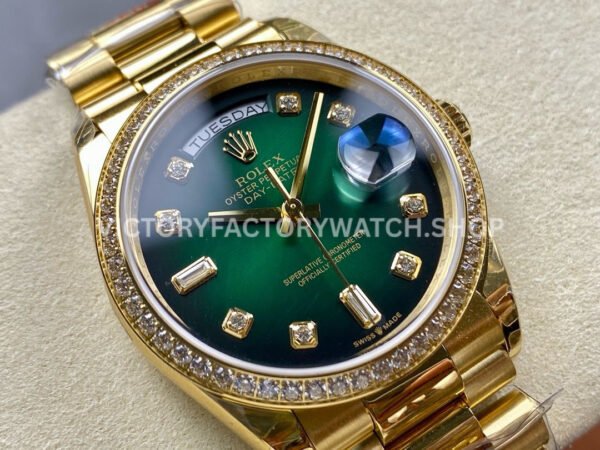 8+ Factory Counterweight Rolex Day-Date 128348RBR-0035 36mm Diamond Bezel Full Yellow Gold Diamond Mope Baguette Diamond Green Dial