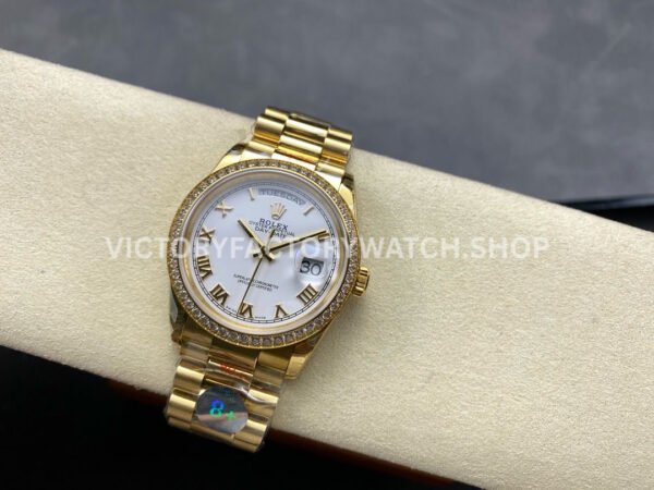 8+ Factory Counterweight Rolex Day-Date 128348RBR-0042 36mm Diamond Bezel Full Yellow Gold Roman Numerals White Dial