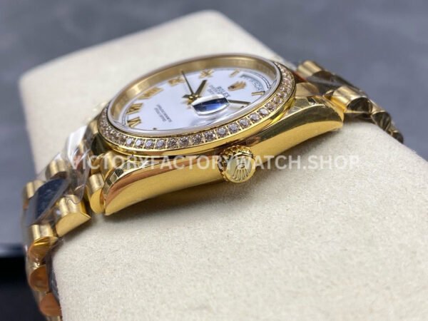 8+ Factory Counterweight Rolex Day-Date 128348RBR-0042 36mm Diamond Bezel Full Yellow Gold Roman Numerals White Dial